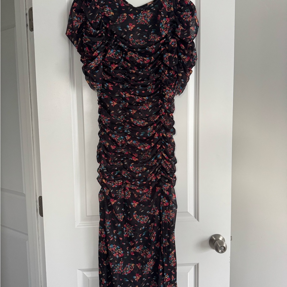 Free People Floral Ruched Black Dress